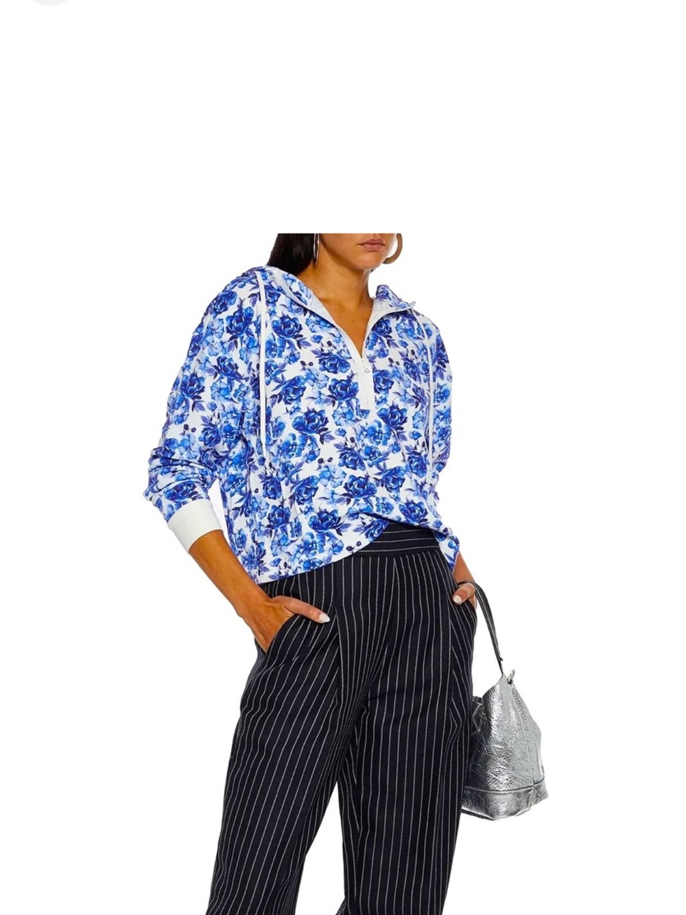 alice + olivia Blue and White Floral Zip-Front Hoodie
